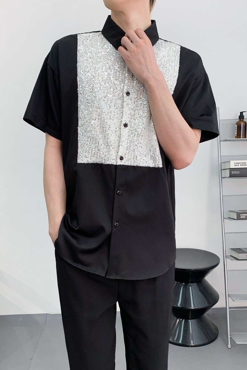 714A-D3075P45控69/2025夏季男宽松亮片衬衫夜店中性装舞台服衬衣,男装衬衫,星座714A（原电商C314）