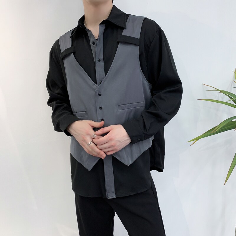714A-H3020P55控88/2025秋暗黑衬衫发型师美容厅假两件马甲工作服,男装衬衫,星座714A（原电商C314）