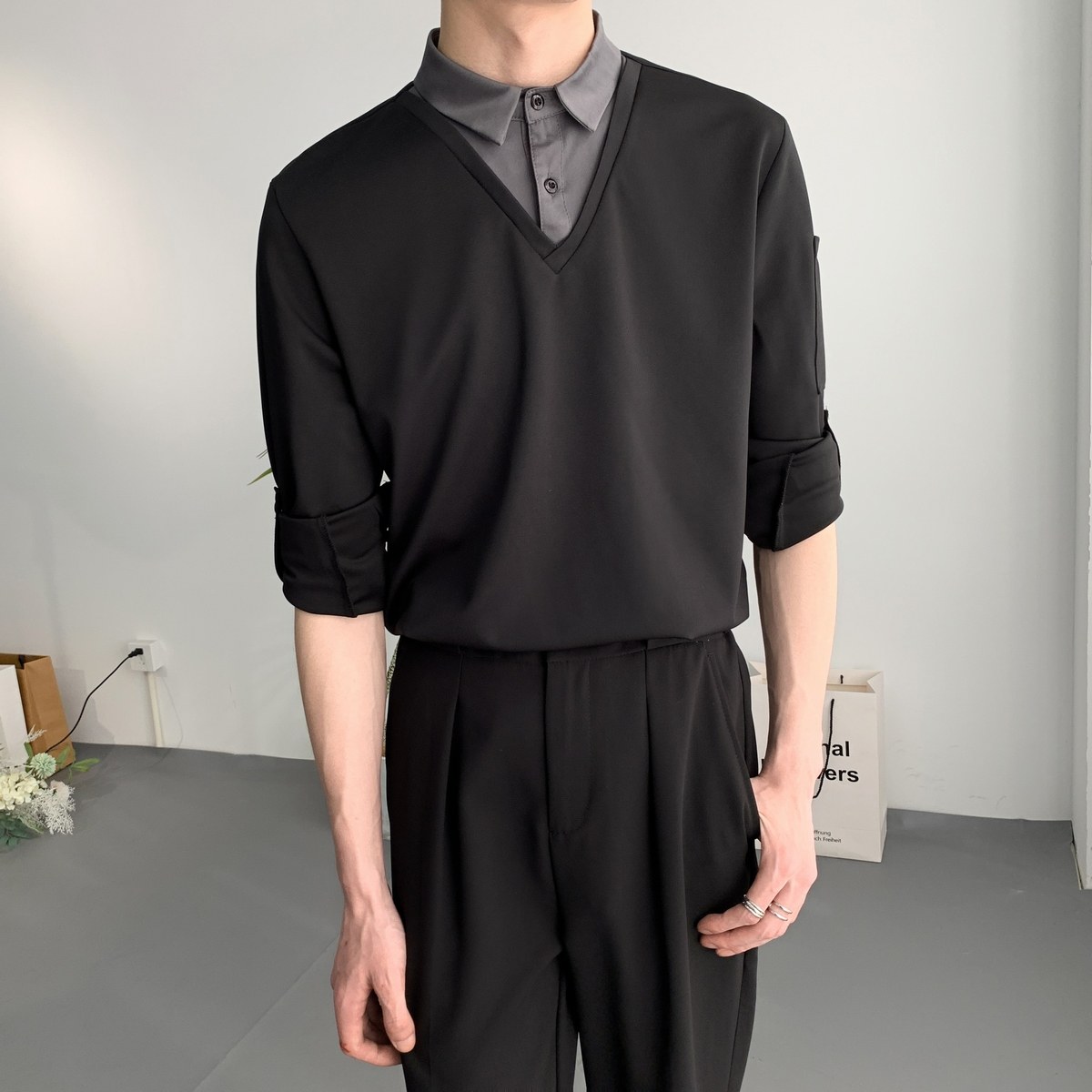 714A-D3048P45控69/2025春季新款假两件拼接撞色衬衫工作服衬衣,男装衬衫,星座714A（原电商C314）