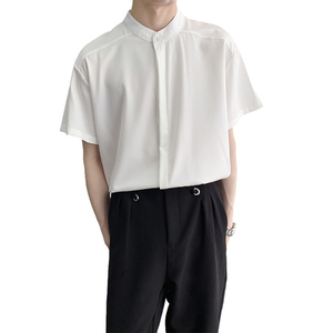 714A-C3045P38控59/2025夏季清爽立领纯色宽松休闲衬衫潮流工作服图片