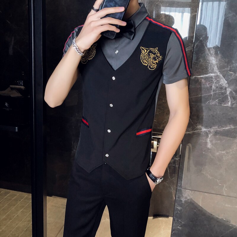 714A-H665P55/店主风2025夏季假两件短袖衬衫潮修身马甲制服衬衣,男装T恤,星座714A（原电商C314）