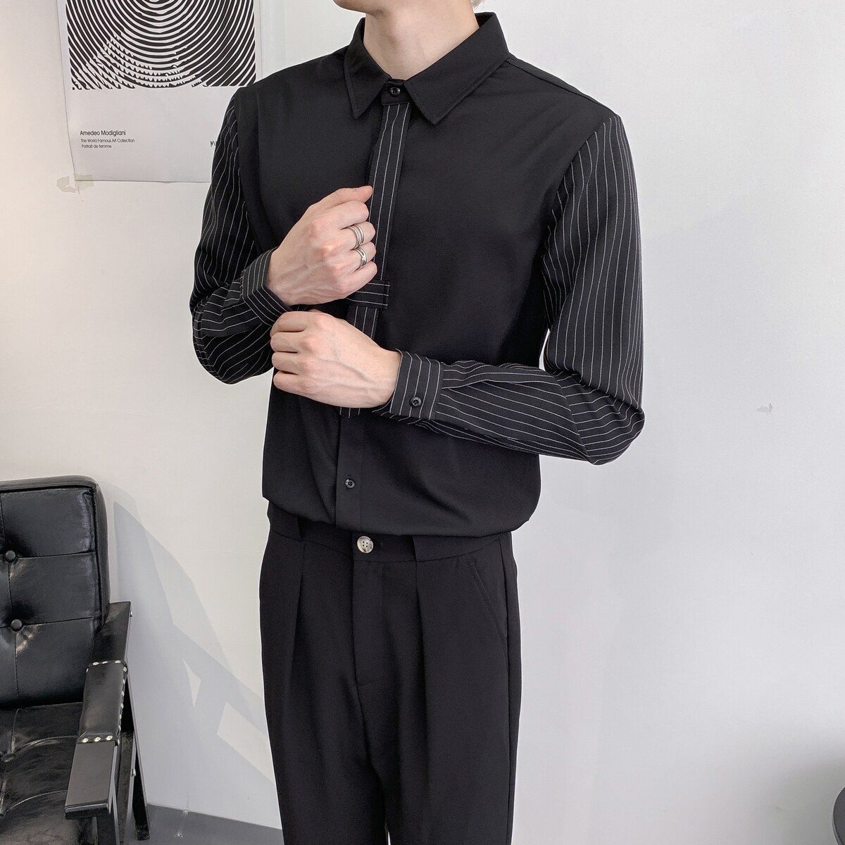 714A-D3035P45控69/2025秋季男士修身工作服衬衫领带条纹拼接衬衣,男装衬衫,星座714A（原电商C314）