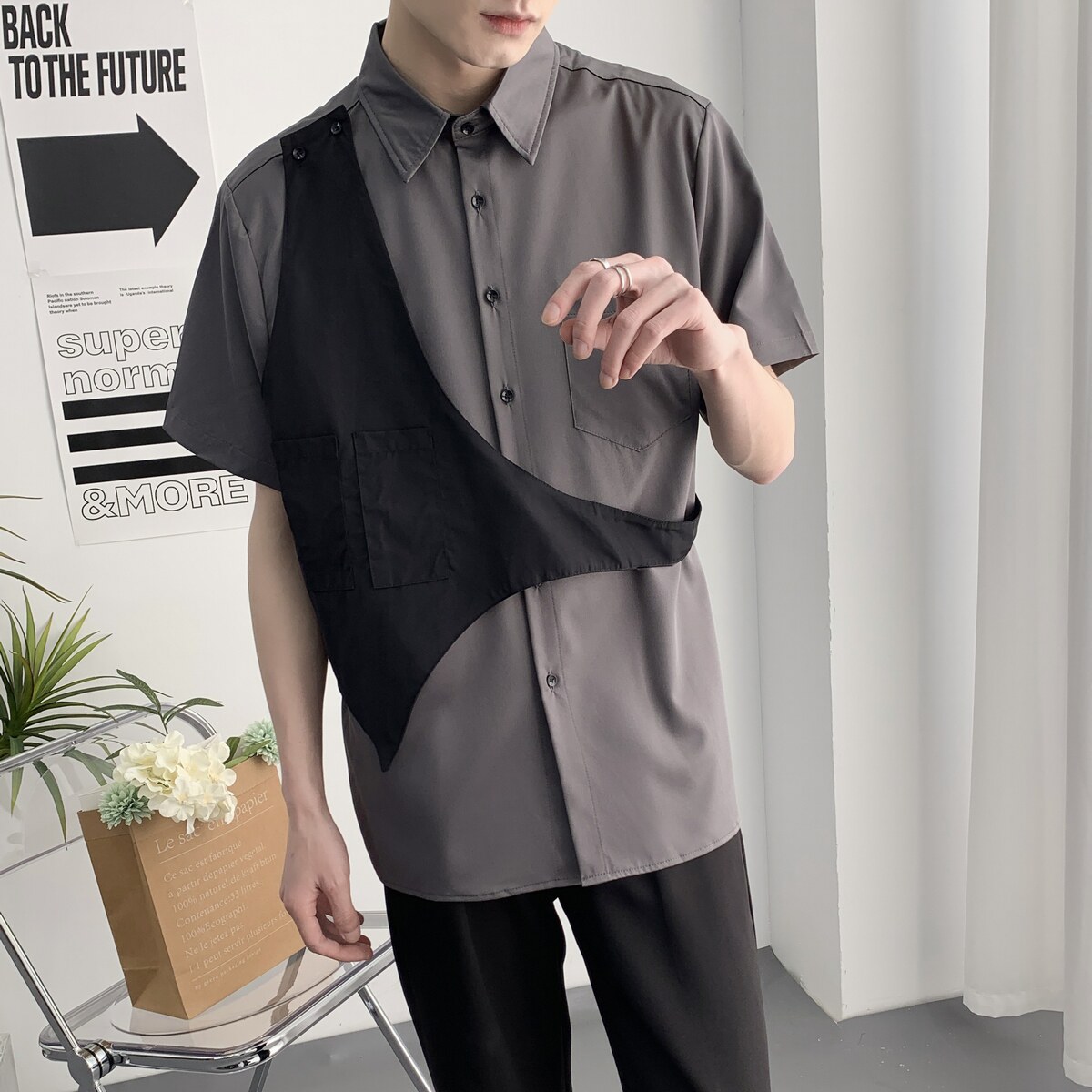 714A-H3013P55控69/2025夏季宽松短袖衬衫理发店工作服衬衣潮,男装T恤,星座714A（原电商C314）
