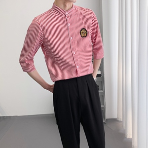 714A-9258P45控59/2025夏季清爽条纹立领工作服衬衫潮流制服衬衣图片