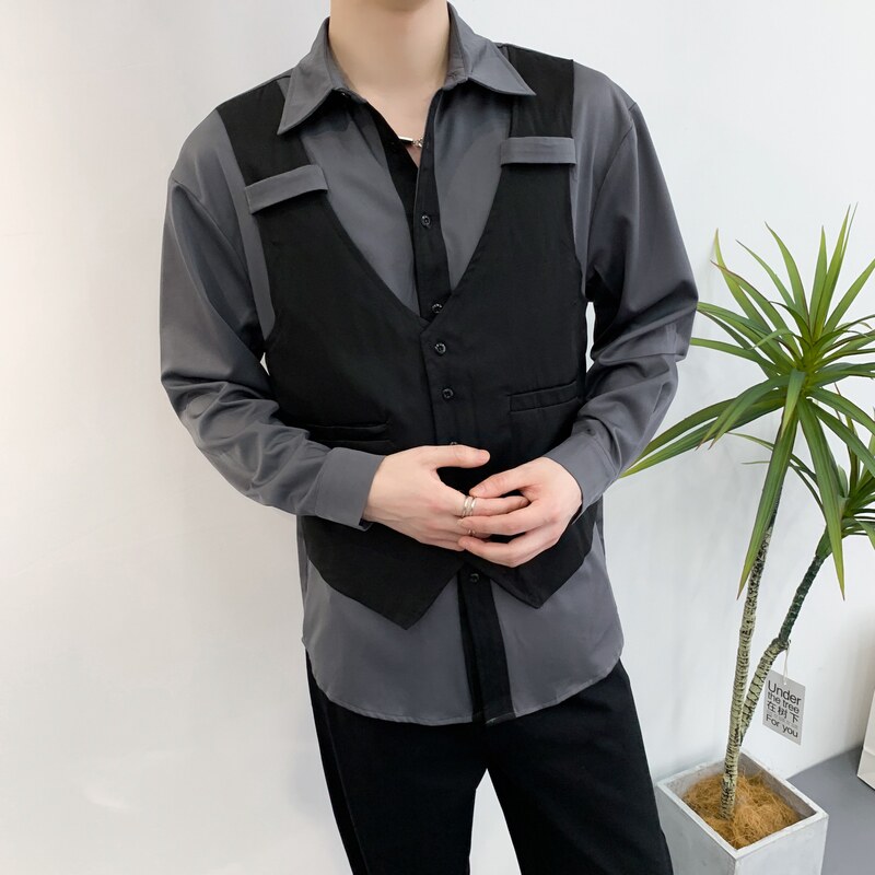 714A-H3020P55控88/2025秋暗黑冷淡衬衫发型师美容厅假两件工作服,男装衬衫,星座714A（原电商C314）
