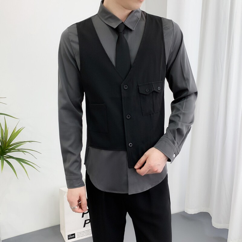 714A-H657P55控88/2025春季新款修身假两件马甲衬衫工作服ktv少爷,男装衬衫,星座714A（原电商C314）