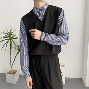 714A-H3049P55控88/2025春季新款假两件条纹拼接衬衫工作服衬衣潮图片