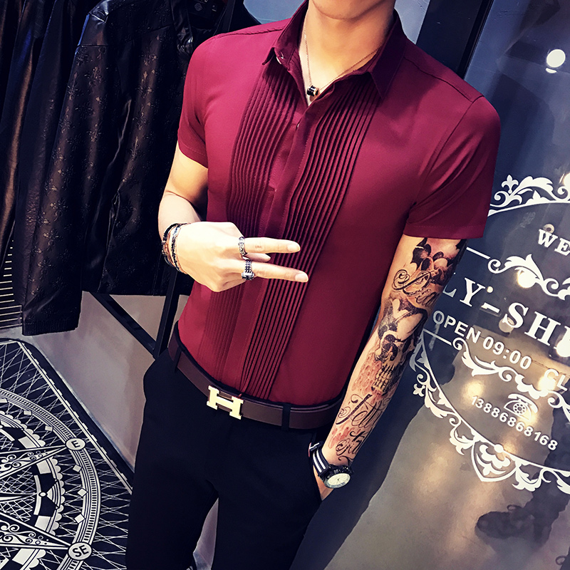 9340/店主风2025新款男装韩版修身短袖衬衫发型师ktv服装礼服P40，男装T恤，星座714(原C313)