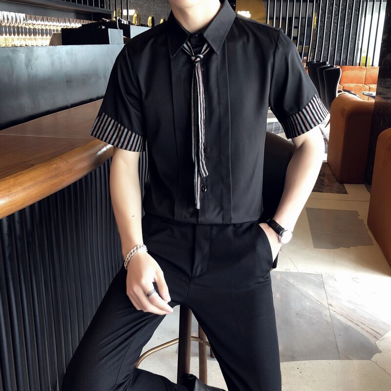 714A-D641P45/店主风2025夏季发型师工作服衬衫短袖衬衣送领带,男装T恤,星座714A（原电商C314）