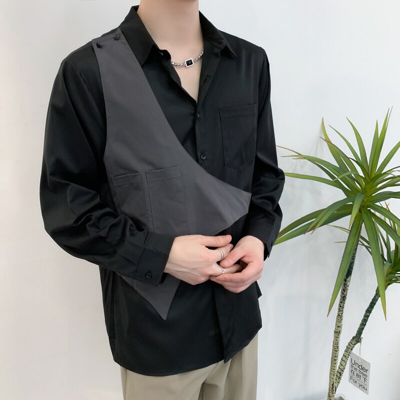 714A-H3010P55控88/2025秋季新款美发厅工作服衬衫假两件马甲衬衣图片