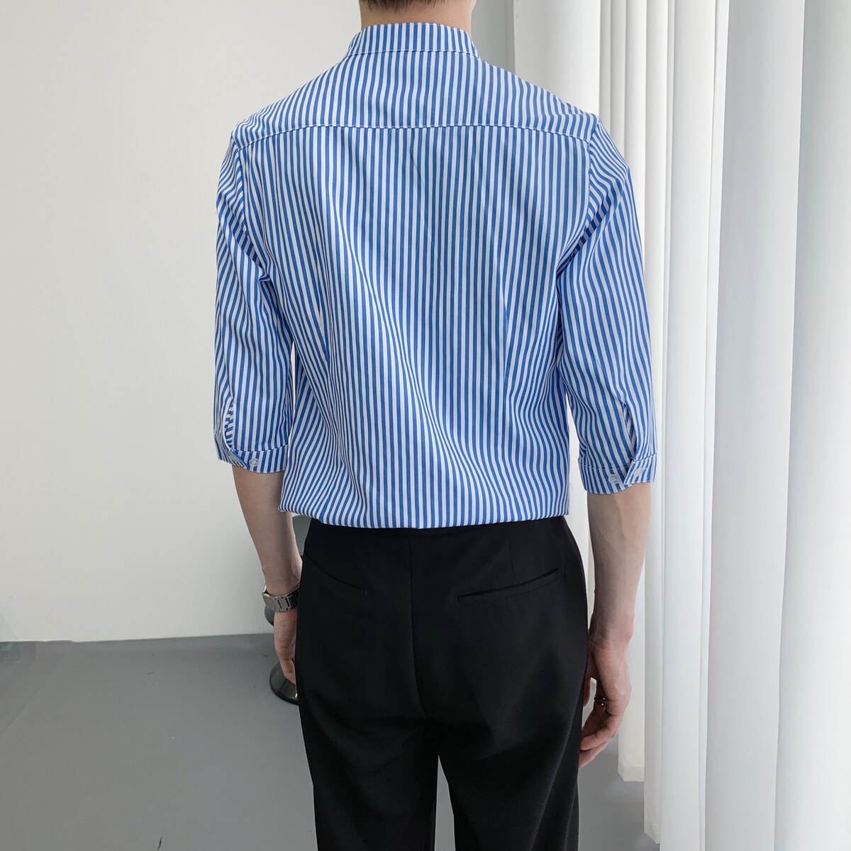 714A-9258P45控59/2025夏季清爽条纹立领工作服衬衫潮流制服衬衣,男装衬衫,星座714A（原电商C314）