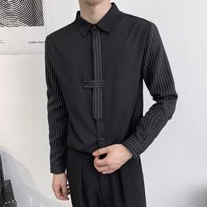 714A-D3035P45控69/2025秋季新款条纹拼接长袖衬衫ktv酒吧工作服图片