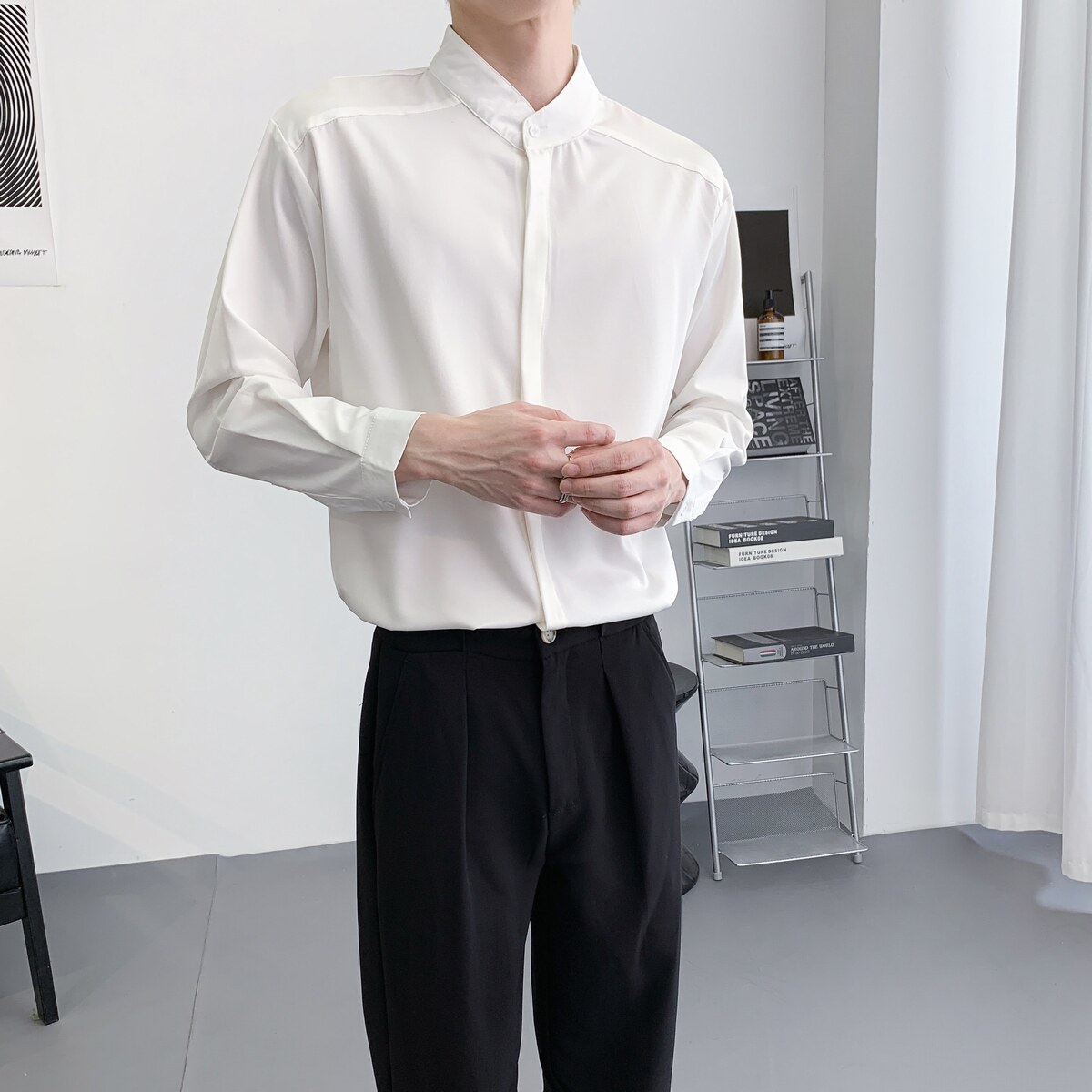 714A-D3042P45控69/2025秋季简约工作服衬衫宽松立领发型师餐厅服,男装衬衫,星座714A（原电商C314）