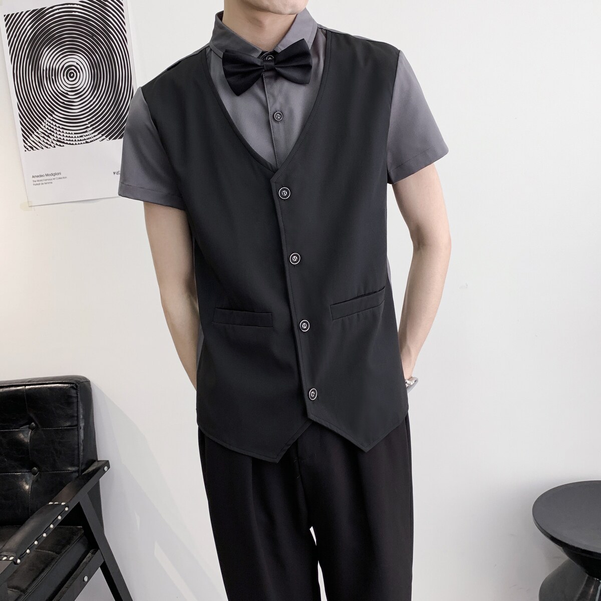 714A-H3057P55控79/2025夏季假两件工作服衬衫假两件ktv酒吧制服,男装衬衫,星座714A（原电商C314）