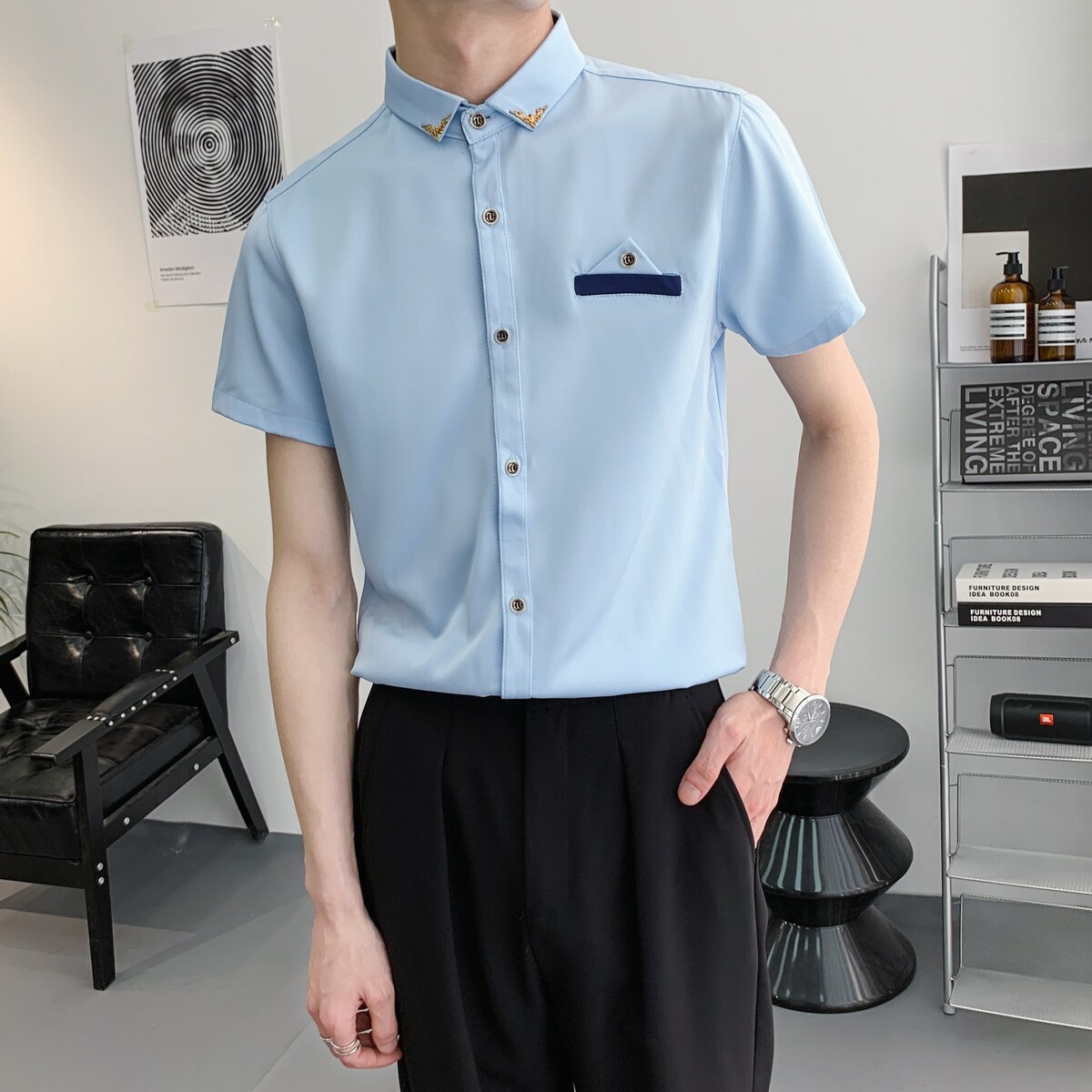 714A-9215P30控49/2025夏季男士短袖衬衫修身工作服衬衣ktv理发店,男装衬衫,星座714A（原电商C314）