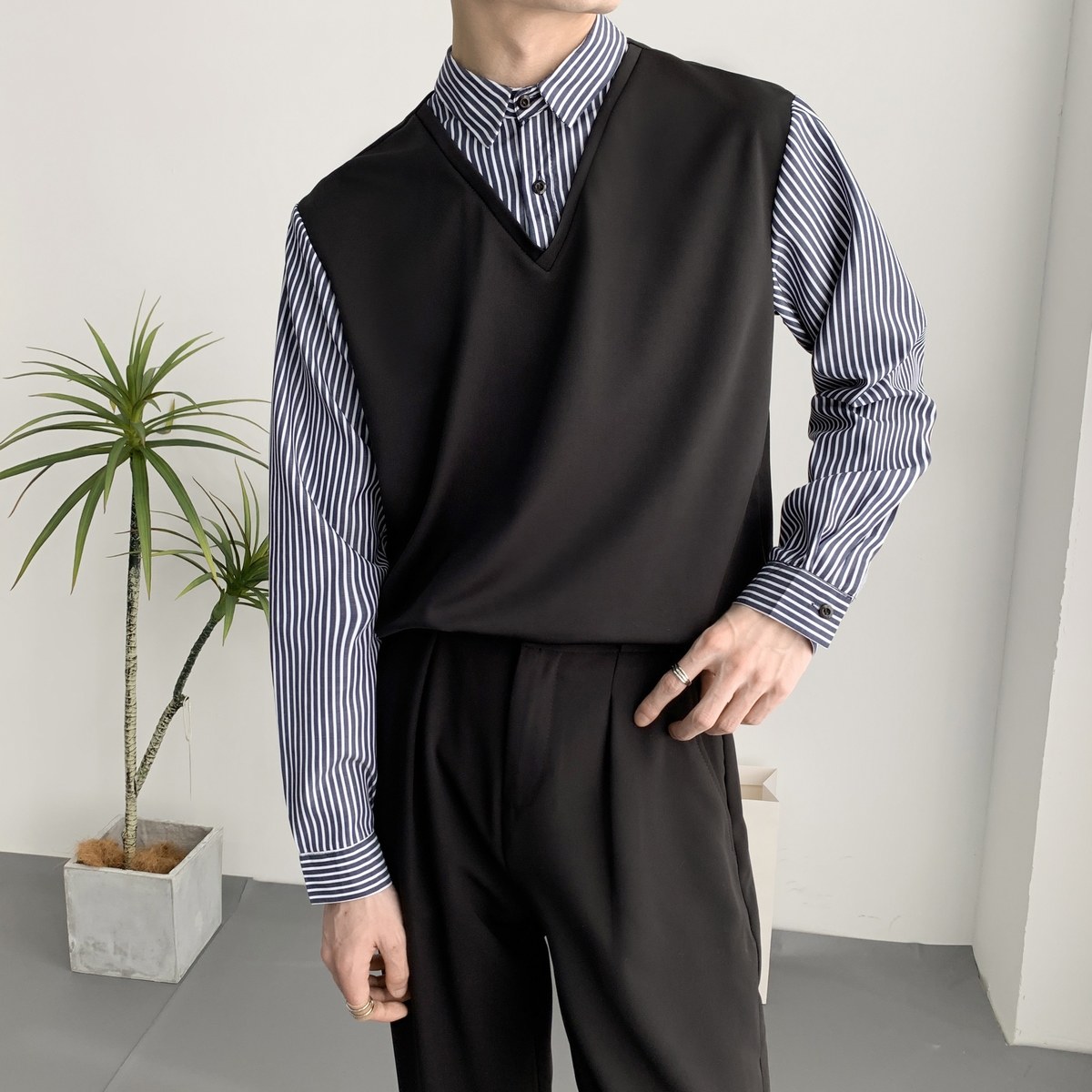 714A-H3049P55控88/2025春季新款假两件条纹拼接衬衫工作服衬衣潮图片