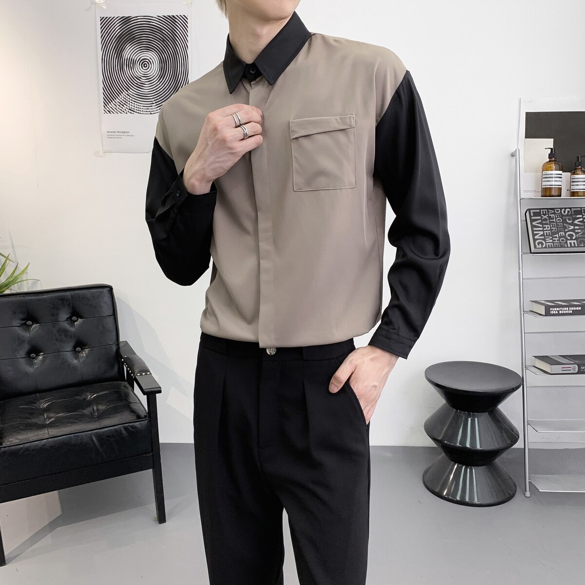 714A-D3034P45控69/2025秋季拼色宽松长袖衬衫潮流工作服衬衣,男装衬衫,星座714A（原电商C314）