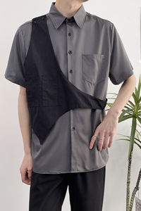 714A-H3013P55控69/2025夏季宽松短袖衬衫理发店工作服衬衣潮图片