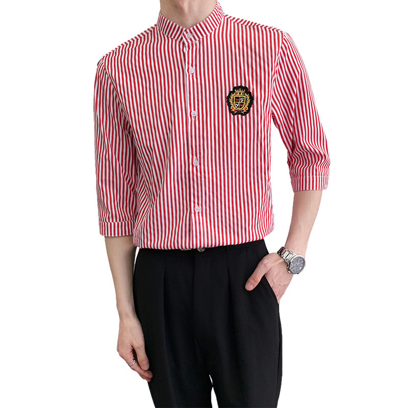 714A-9258P45控59/2025夏季清爽条纹立领工作服衬衫潮流制服衬衣,男装衬衫,星座714A（原电商C314）