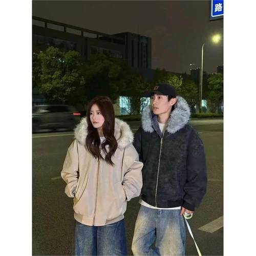 荔枝皮座山雕pu皮彷兔毛绒大毛领棉服2025冬加绒派克服外套潮男女