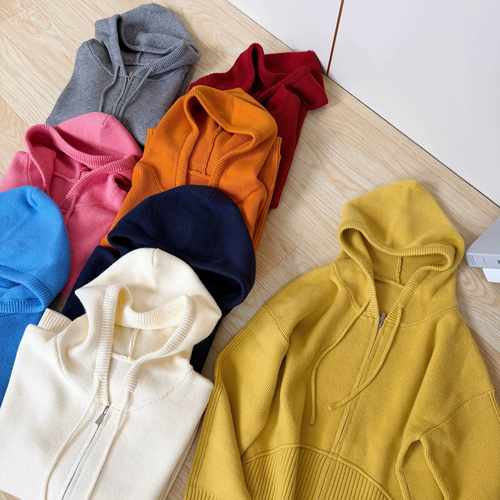 2025秋冬简约时尚连帽抽绳双拉链针织开衫毛衣外套女1111 G111101