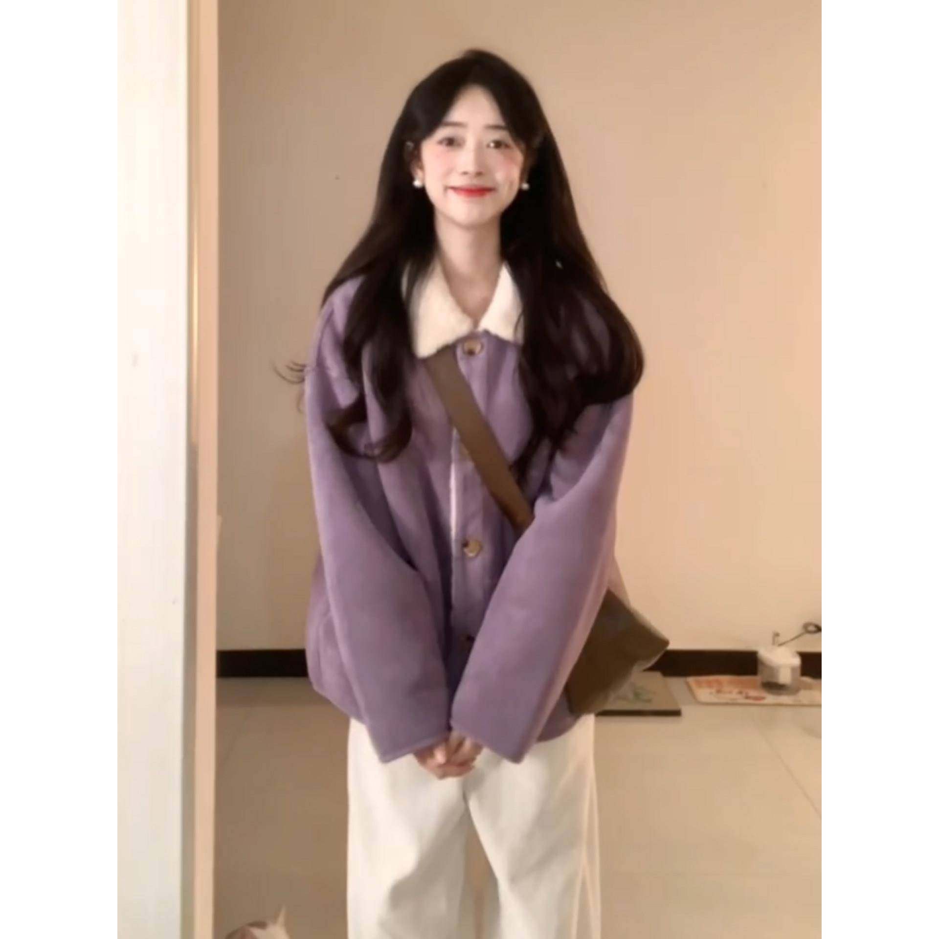 紫色冬季外套女2025新款宽松百搭麂皮一体翻领加绒加厚保暖羊羔毛