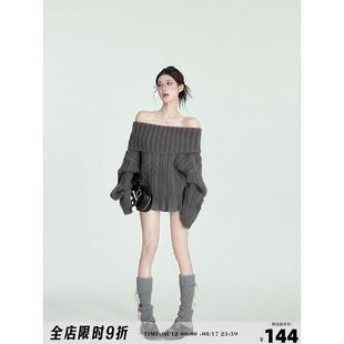 宽松长袖 慵懒风格 上衣 灰色女士高领毛衣冬季 纯软糯单肩经典