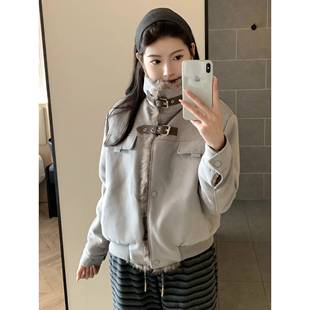 美式 加绒加厚短棉衣外套男女 覆古毛毛拼接立领机车服夹克情侣冬季