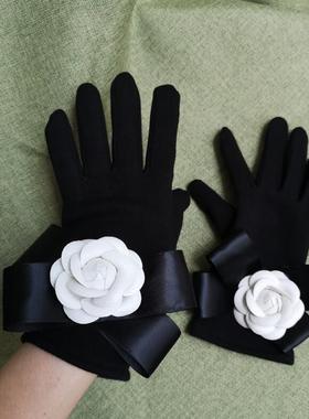 法式复古黑色赫本风手套保暖加绒秋冬分指山茶花蝴蝶结名媛女气质