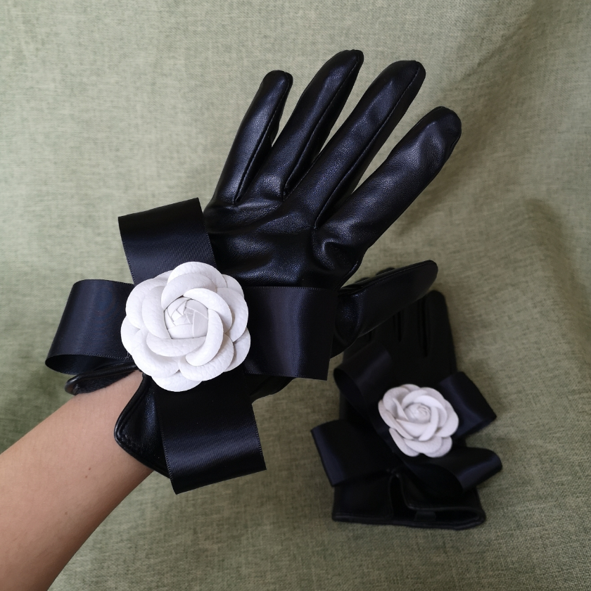 女冬天气质百搭手套分指花朵加绒