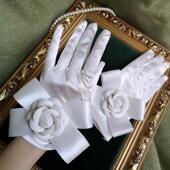 法式 复古山茶花手套防晒缎面蝴蝶结花朵贵妇名媛女士新娘拍照道具