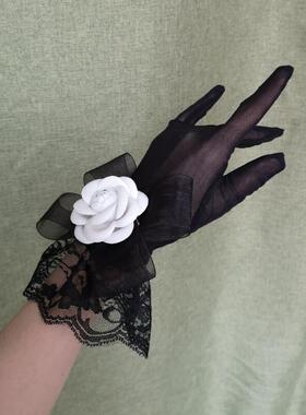 法式复古仙女透视短款手套薄款分指蕾丝防晒女透气性感山茶花夏