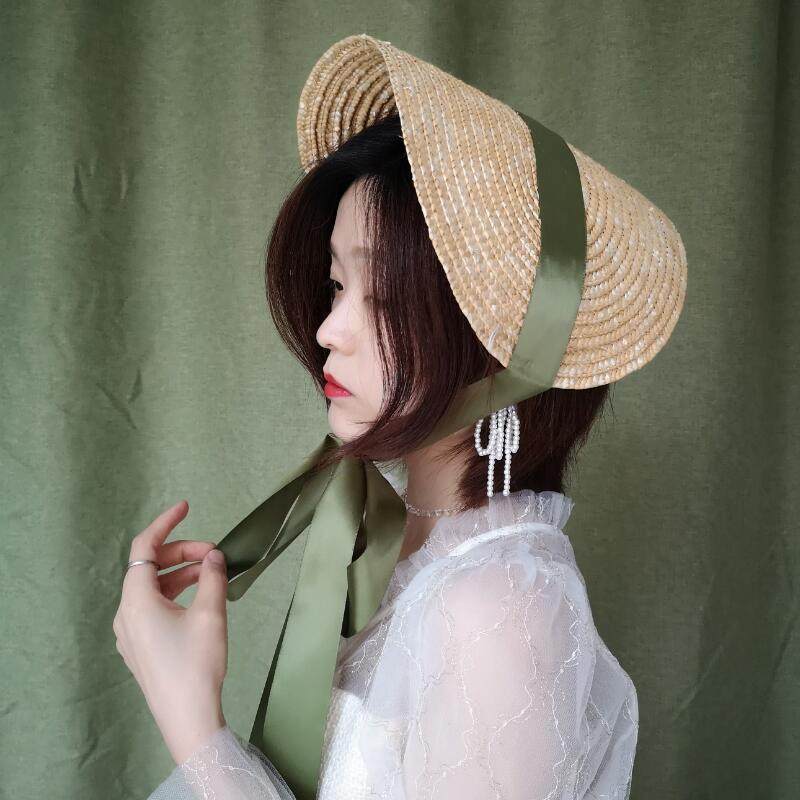 欧洲法式绑带系草帽写真影楼丝带麦秆Lolita扁帽椭圆新娘片帽平面