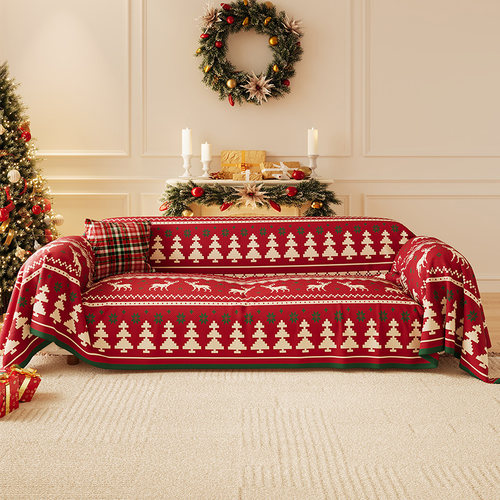 红色圣诞装饰沙发盖布一整张全包万能保护套罩四季通用防猫抓盖巾