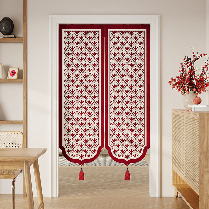 新年喜庆红色中式门帘卧室家用免打孔半帘隔断帘布艺遮挡帘防尘帘