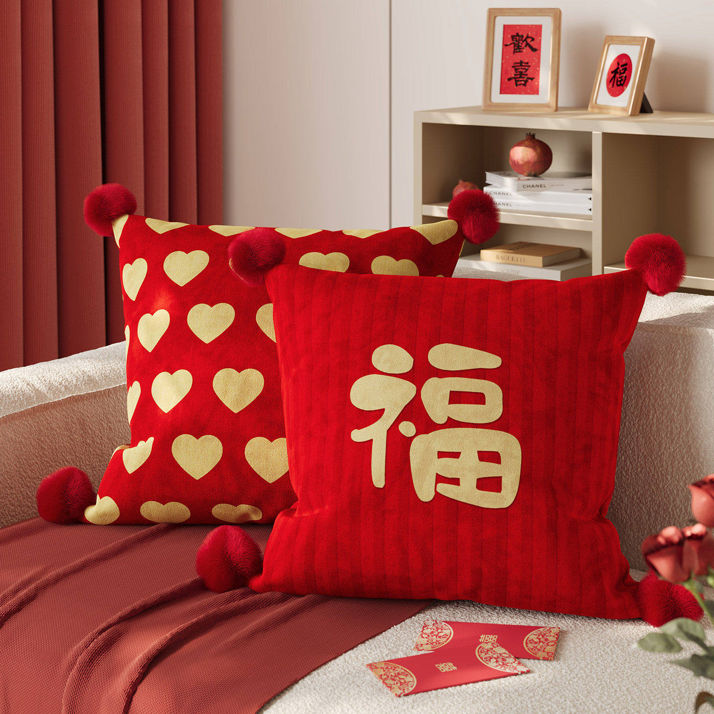 红色福字新年抱枕套喜庆客厅沙发靠枕腰枕床头靠垫靠背含芯可拆洗,居家布艺,靠垫/抱枕,淘宝优惠券,粉丝福利购,淘宝优惠卷