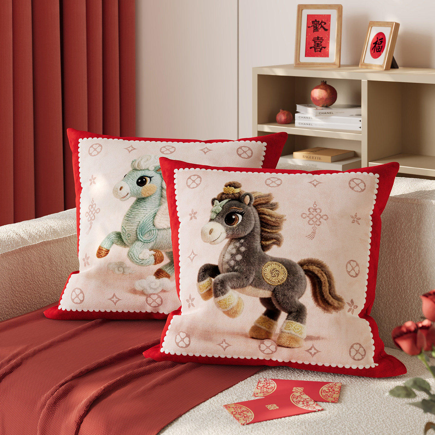 小马喜庆沙发抱枕套新年装饰床头靠垫沙发靠枕含芯红色靠背可拆洗,居家布艺,靠垫/抱枕,淘宝优惠券,粉丝福利购,淘宝优惠卷