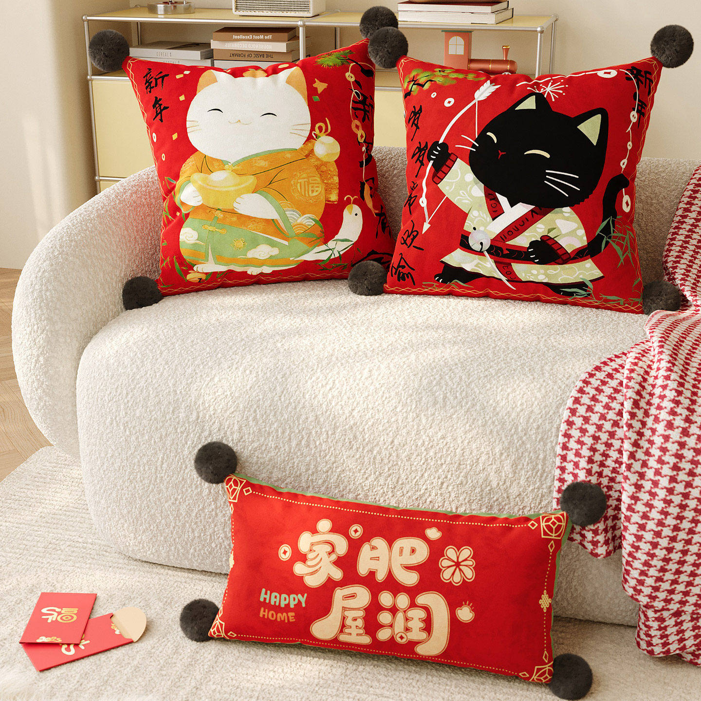 卡通猫咪红色抱枕套客厅沙发靠背新年装饰床上靠枕靠垫含芯可拆洗,居家布艺,靠垫/抱枕,淘宝优惠券,粉丝福利购,淘宝优惠卷