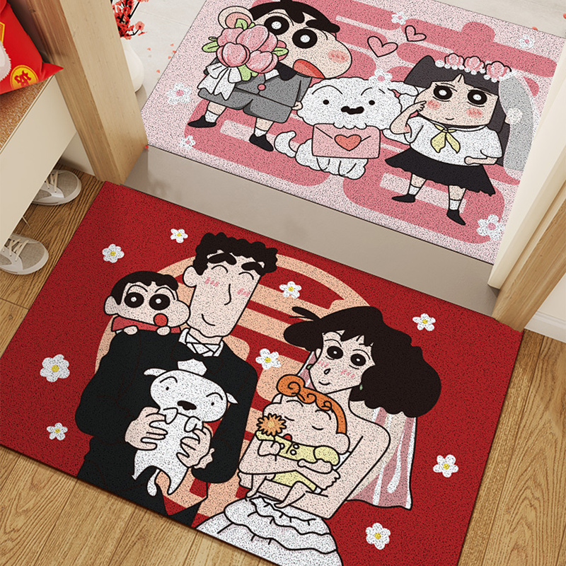 新年结婚蜡笔小新入户门防滑地垫喜庆耐脏进门脚垫红色玄关地毯子