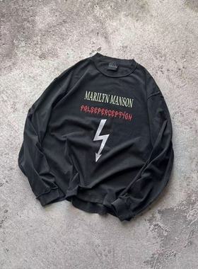 False Perception 弹幕标语水洗做旧破坏长袖T恤