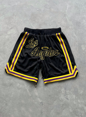 False Perception 湖人刺绣紫金网面五分休闲短裤黑色