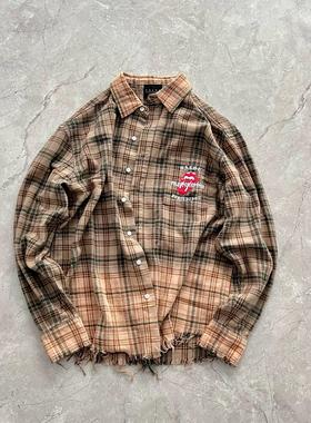 False Perception 褪色水洗格子破坏衬衫水洗黄