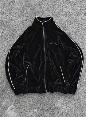 Askyurself 条纹卷轴刺绣Logo丝绒夹克外套 黑色