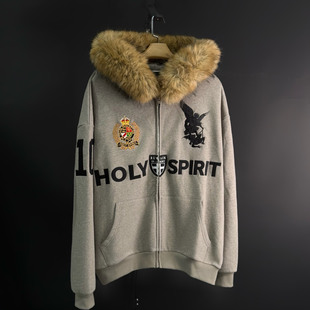 False Perception毛领圣战涂鸦刺绣水洗灰拉链卫衣