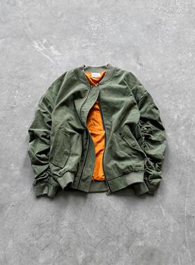Askyurself 军布褶皱手袖刺绣logo拉链宽松夹克军绿色