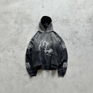 Askyurself褪色水洗腰果花小天使印花连帽卫衣李大奔同款水洗黑色