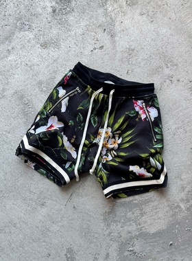 JUNGLE GURL 迈阿密限定复古花卉印花系带休闲短裤 黑色