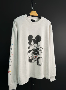 False Perception 心碎米奇涂鸦华夫格水洗做旧白长袖