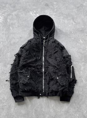 ARNODEFRANCE 燃烧伤痕破坏连帽拉链夹克黑色