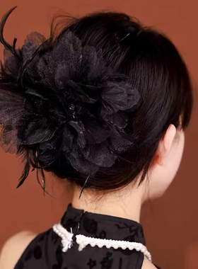 黑色羽毛抓夹高级感盘发头花发量多发卡后脑勺鲨鱼夹马尾发抓头饰